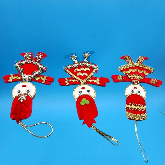 Vintage Red Felt Toy Soldier Ornaments w/ Googly Eyes & Gold Trim 1960s v3 - Picture 9 of 11